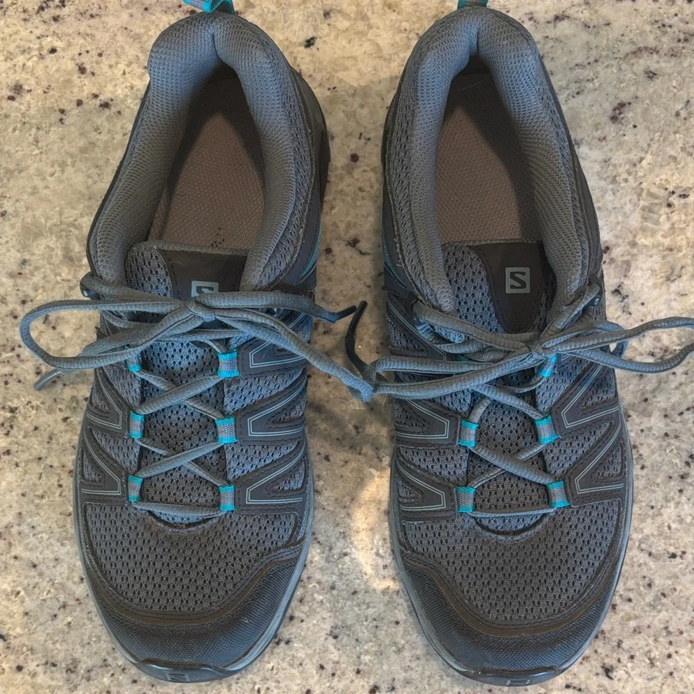 Salomon Gray with Teal Accent Trail Sneakers